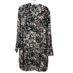 Catherine Gee Dress Long Sleeve Shirt Dress Large Geometric Stars Buttons Silk